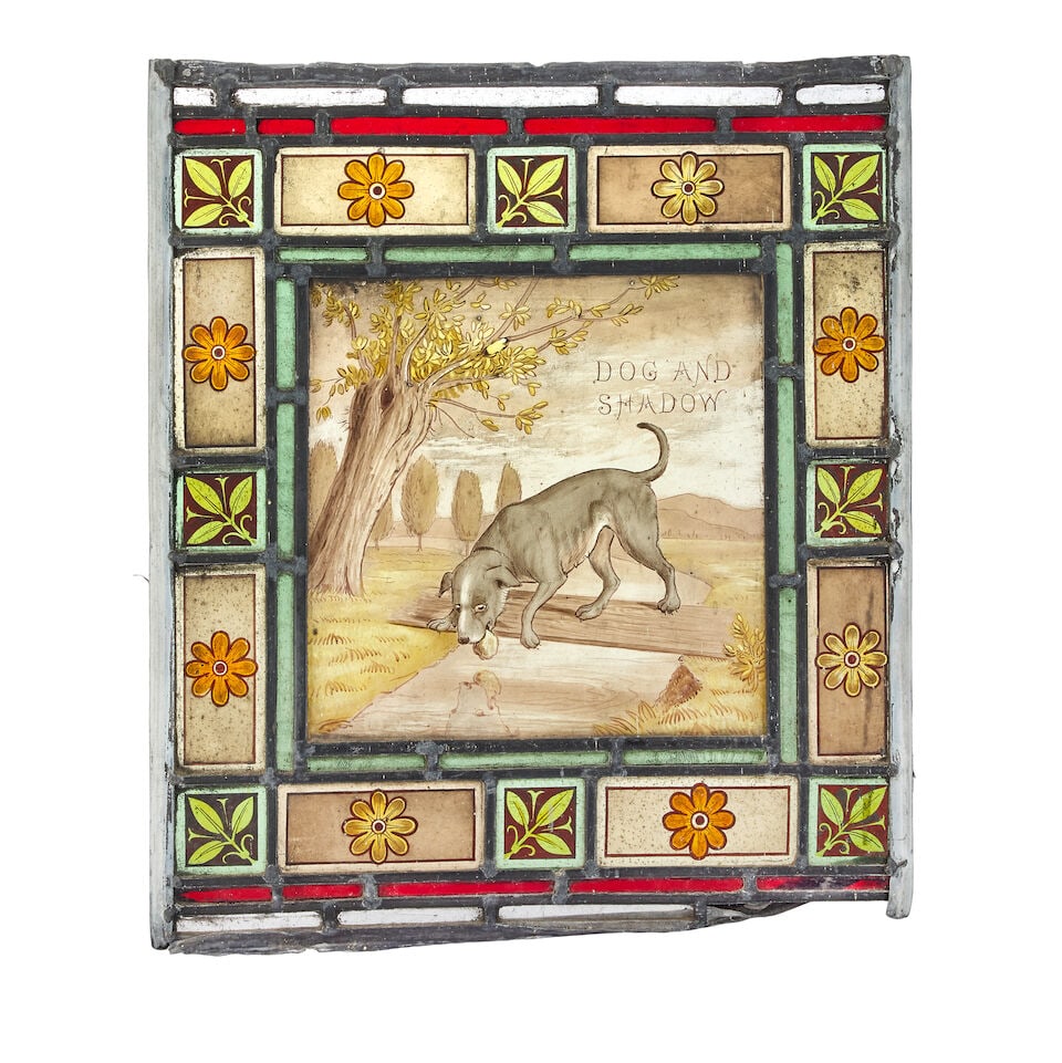 A pair of late Victorian leaded and painted stained glass panels depicting two scenes from Aesop... - 3