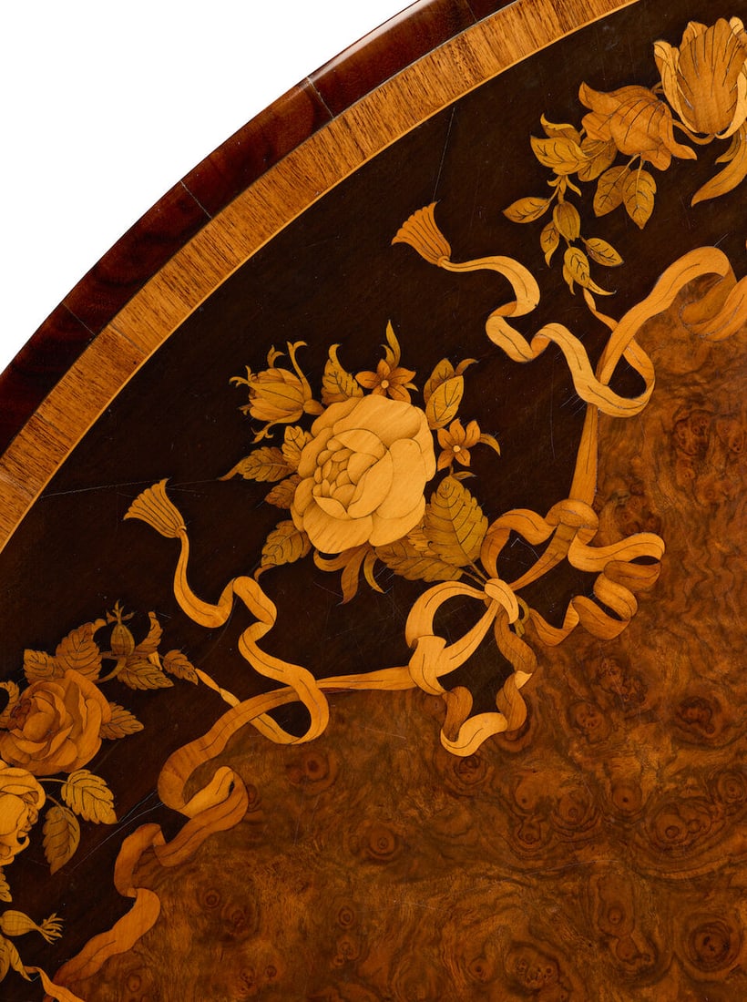 An early Victorian figured walnut, tulipwood crossbanded, ebonised, stained fruitwood and marque... - 2