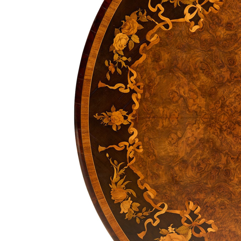 An early Victorian figured walnut, tulipwood crossbanded, ebonised, stained fruitwood and marque... - 3