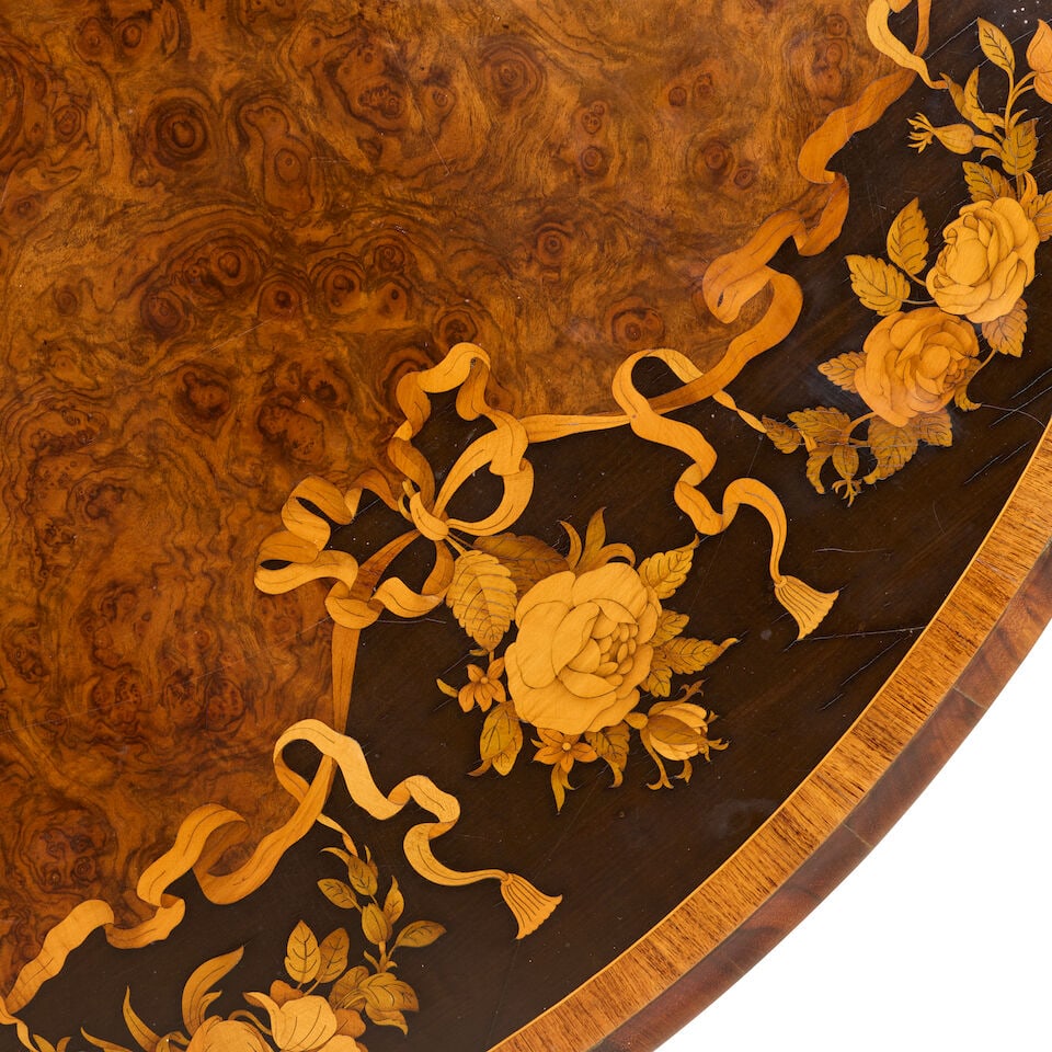 An early Victorian figured walnut, tulipwood crossbanded, ebonised, stained fruitwood and marque... - 4