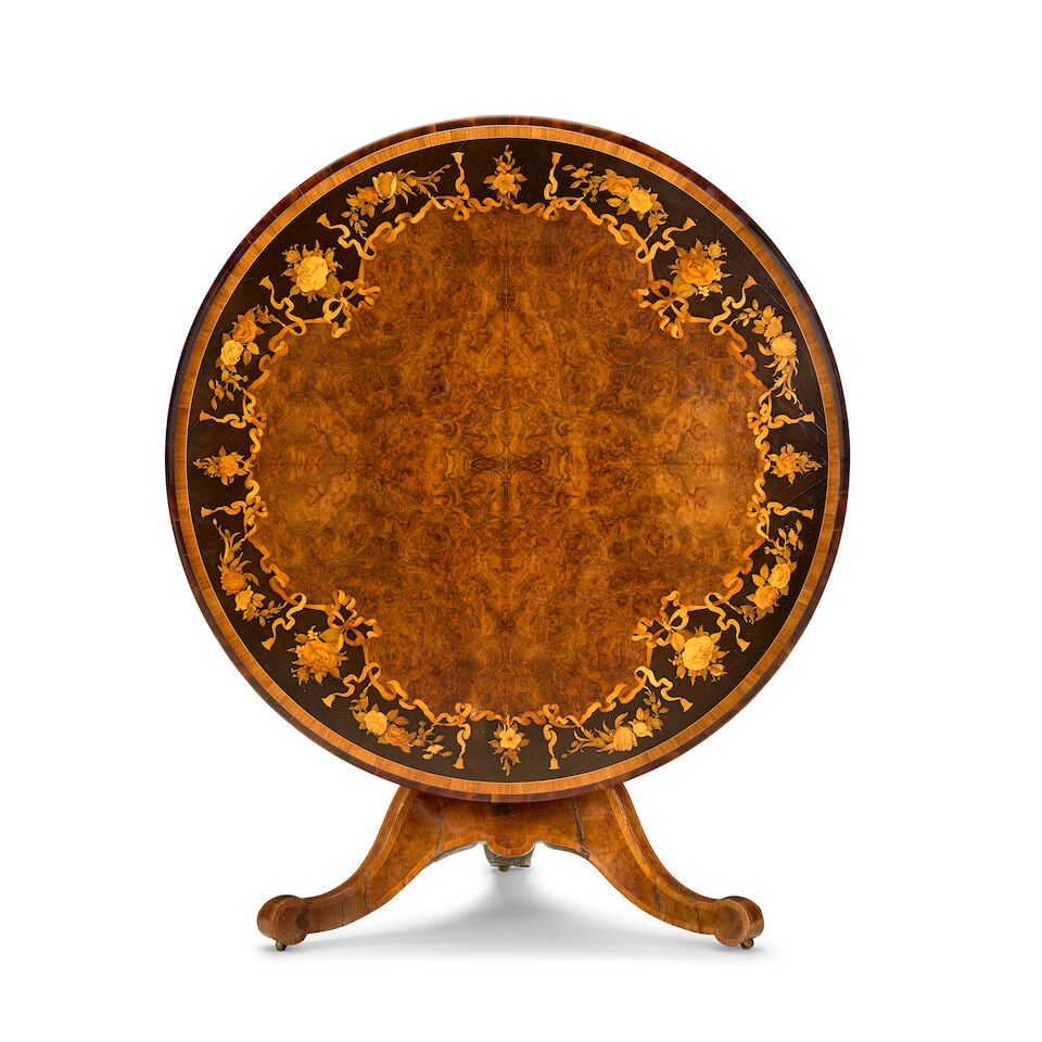 An early Victorian figured walnut, tulipwood crossbanded, ebonised, stained fruitwood and marque... - 5
