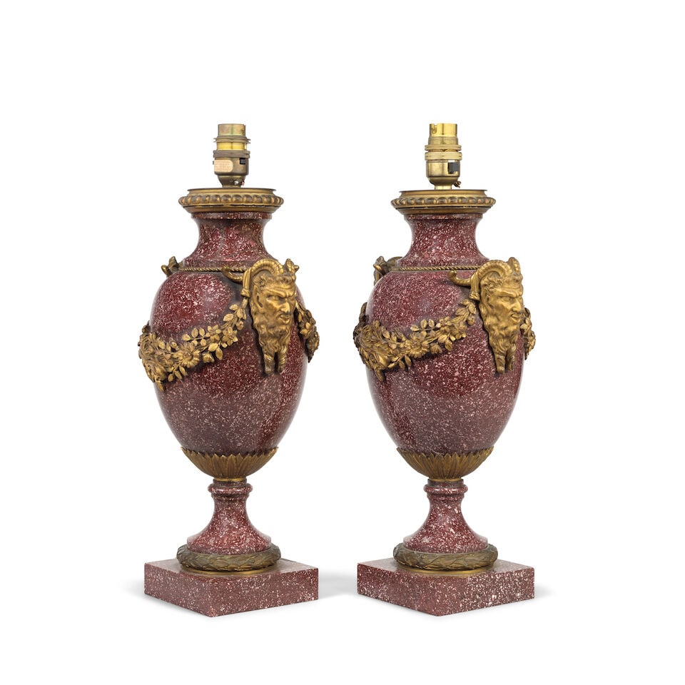 A pair of gilt bronze mounted porphyry urn lamp bases In the Louis XVI style, probably early 20... - 2
