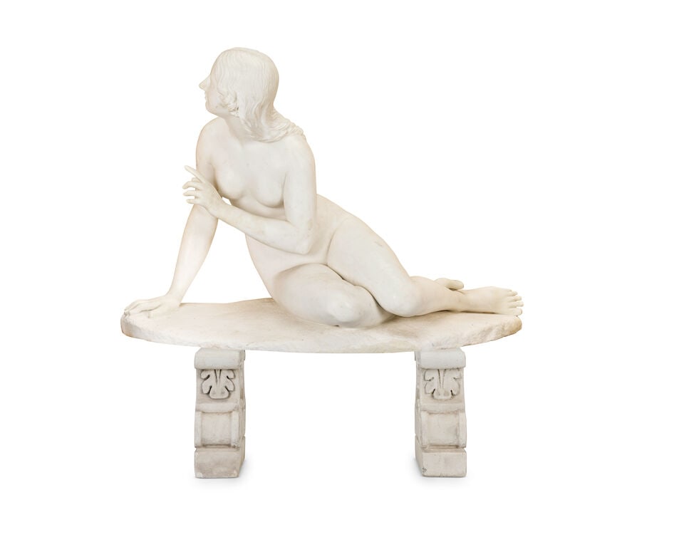 Edward Hodges Baily (British, 1788-1867): A carved white marble figure of 'Eve listening to the ... - 3