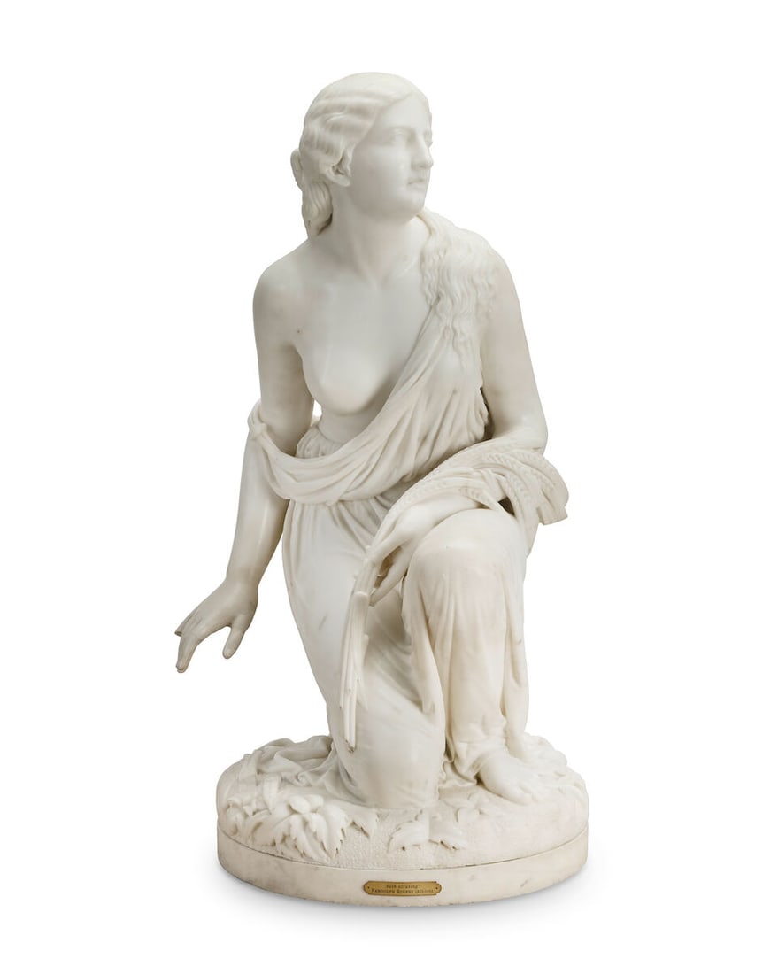 Randolph Rogers (American, 1825-1892): A carved white marble figure of 'Ruth gleaning' raised on... - 2