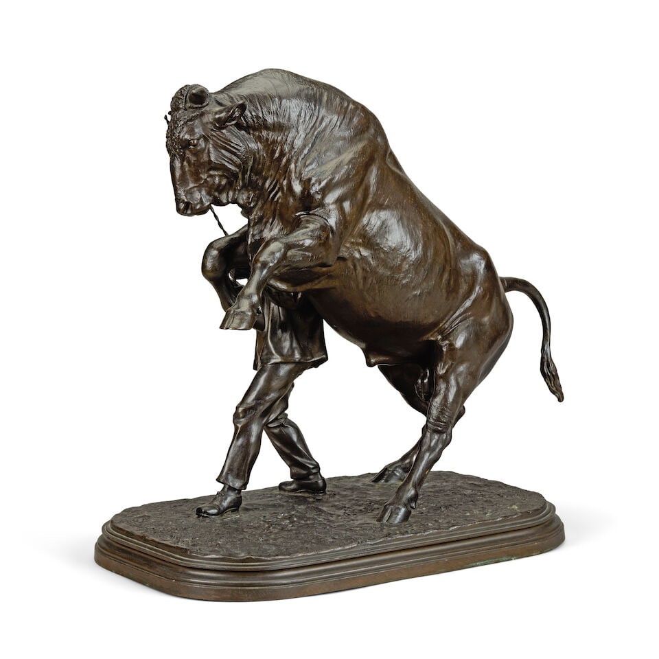 Isidore Jules Bonheur (French, 1827-1901): A large patinated bronze model of a rearing bull and ... - 2