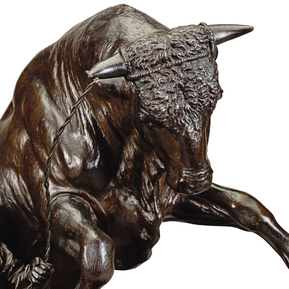 Isidore Jules Bonheur (French, 1827-1901): A large patinated bronze model of a rearing bull and ... - 3