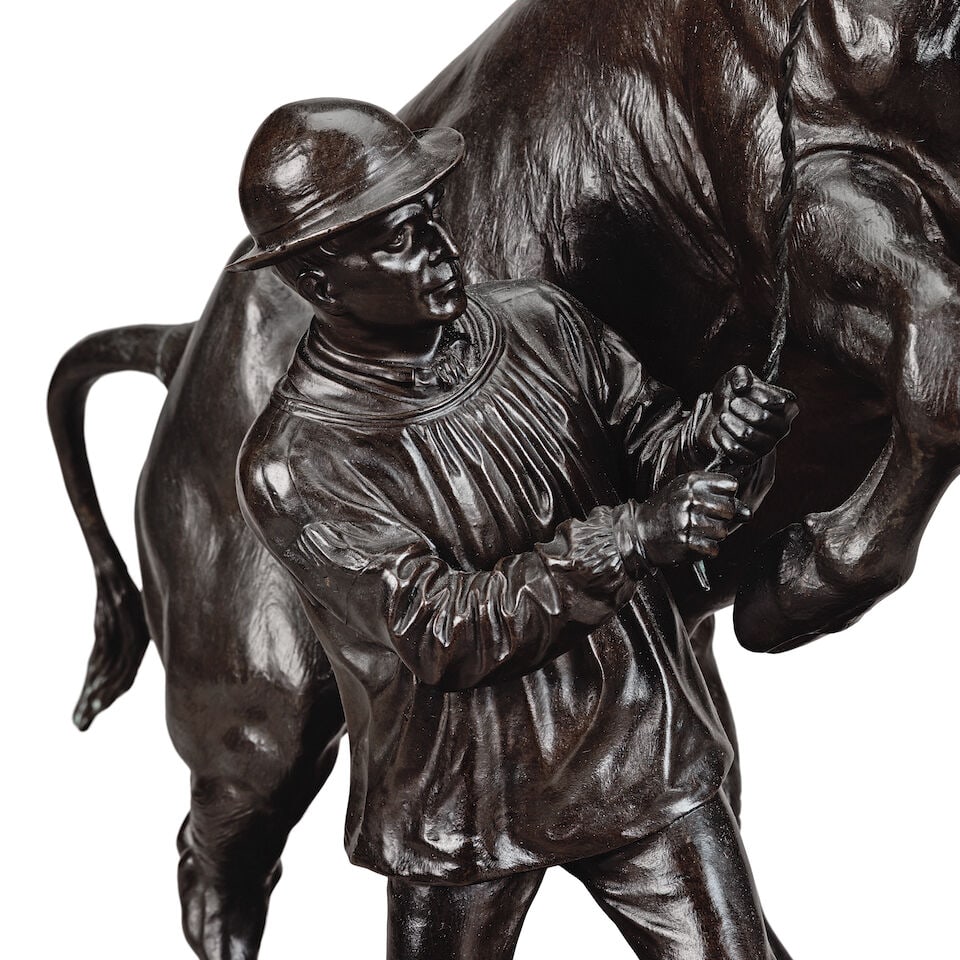 Isidore Jules Bonheur (French, 1827-1901): A large patinated bronze model of a rearing bull and ... - 4