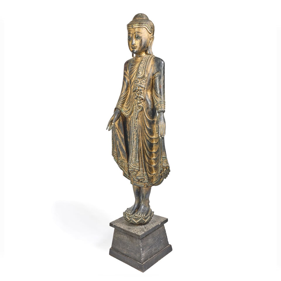 A 19th century carved, glass inset and gilt lacquered hardwood figure of Buddha - 4