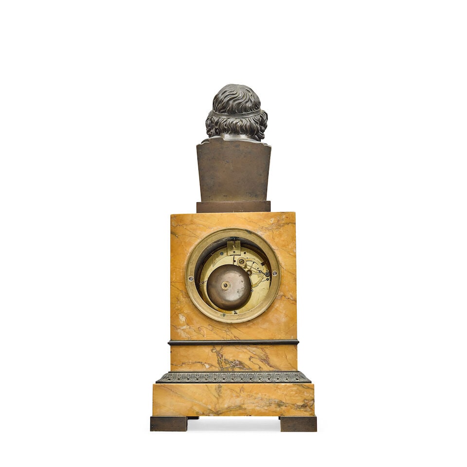 A mid 19th century French patinated bronze and Sienna marble Library mantel clock (4) - 2