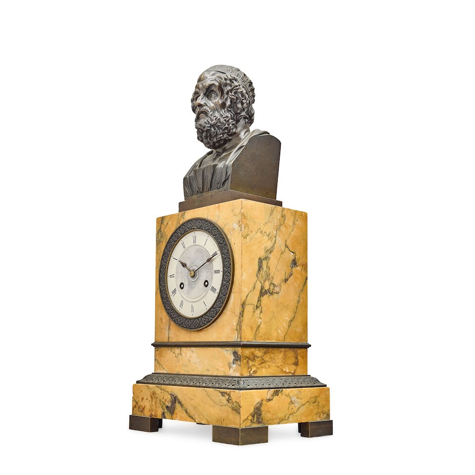 A mid 19th century French patinated bronze and Sienna marble Library mantel clock (4) - 3