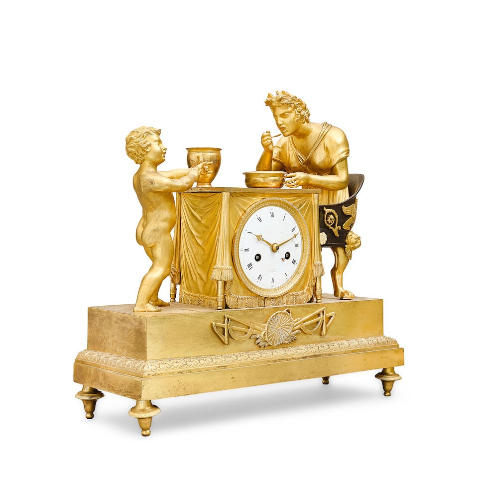 An early 19th century French gilt and patinated bronze mythological figural mantel clock In the ... - 3