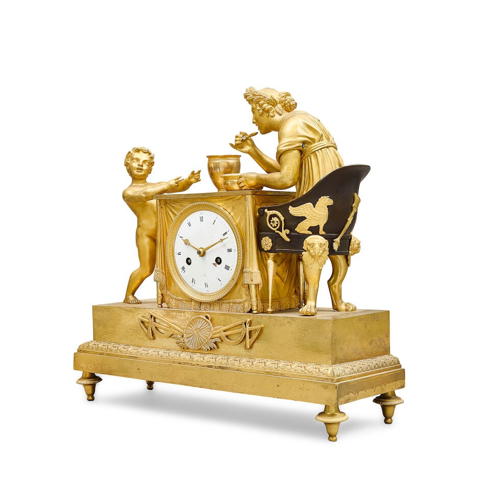 An early 19th century French gilt and patinated bronze mythological figural mantel clock In the ... - 4