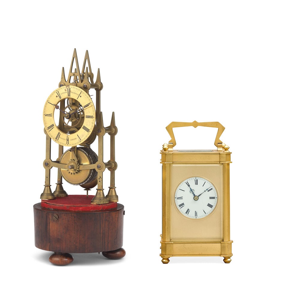 A late 19th century miniature skeleton timepiece together with a similar period French gilt bras...: A late 19th century miniature skeleton timepiece together with a similar period French gilt brass carriage clock The first signed to the dial Edward Thompson, Sloane Street, London, the second