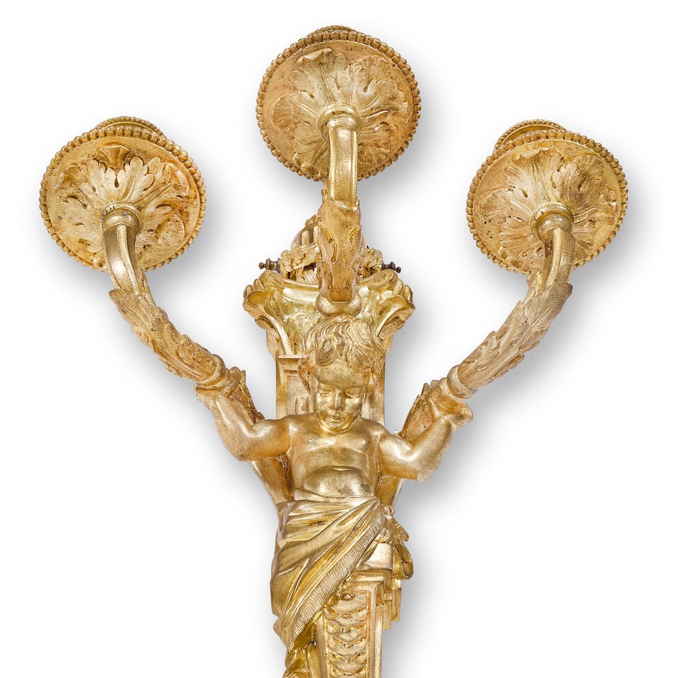 A pair of late 19th/early 20th century French gilt bronze three-light wall appliques In the Lou... - 2