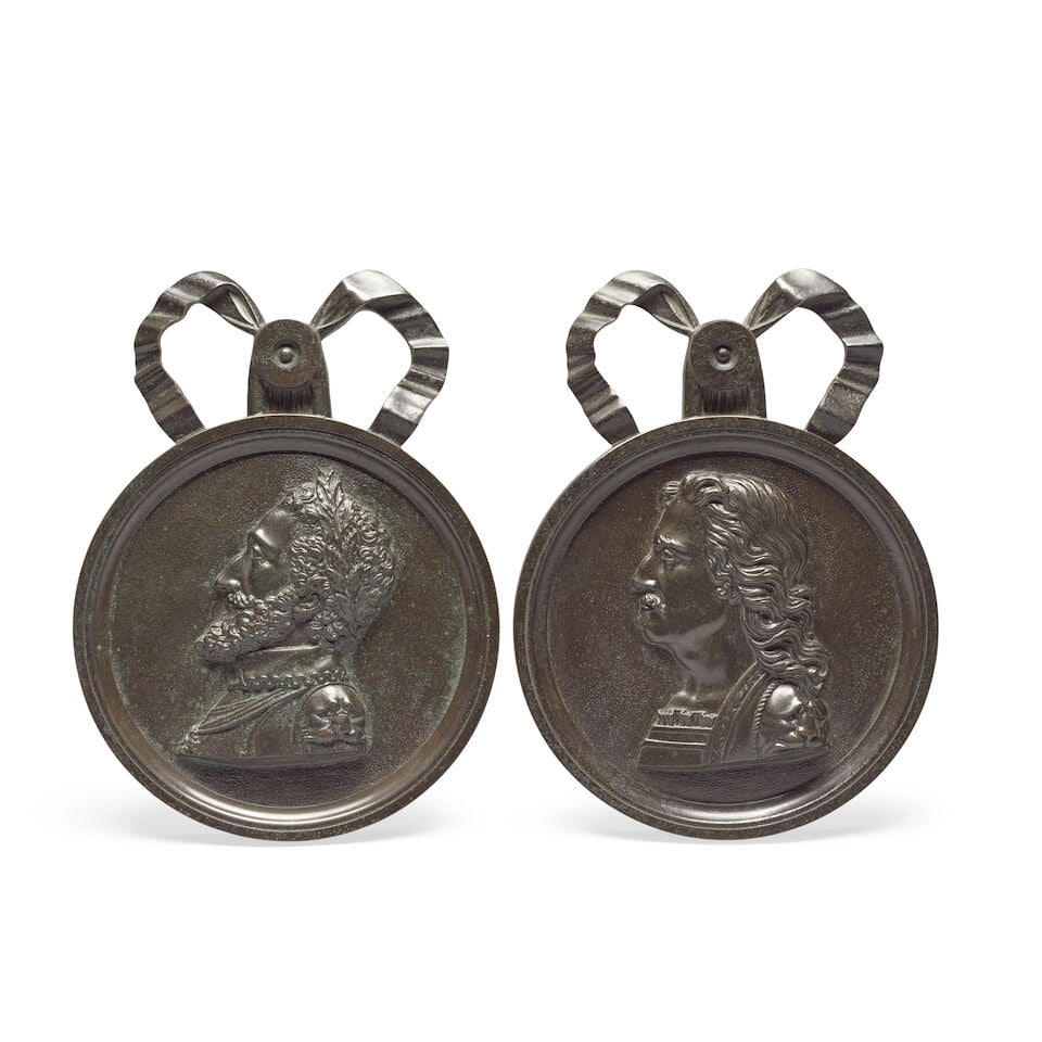 A pair of French patinated bronze profile historical portrait roundels of Henri III and Oliver C...: A pair of French patinated bronze profile historical portrait roundels of Henri III and Oliver Cromwell Probably late 18th/early 19th century The sitters both looking to sinister within moulded