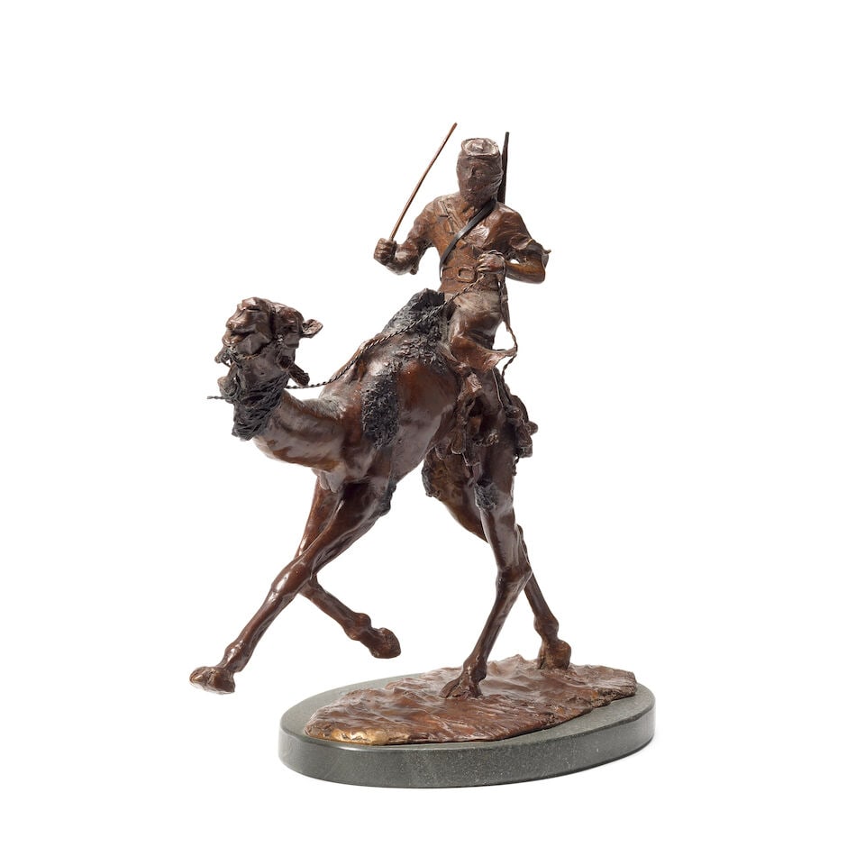 A patinated bronze model of a hunter on camelback: A patinated bronze model of a hunter on camelback The figure with rifle slung on his back, his face covered, the camel at full gallop, on naturalistic base mounted on oval marble plinth base, signed