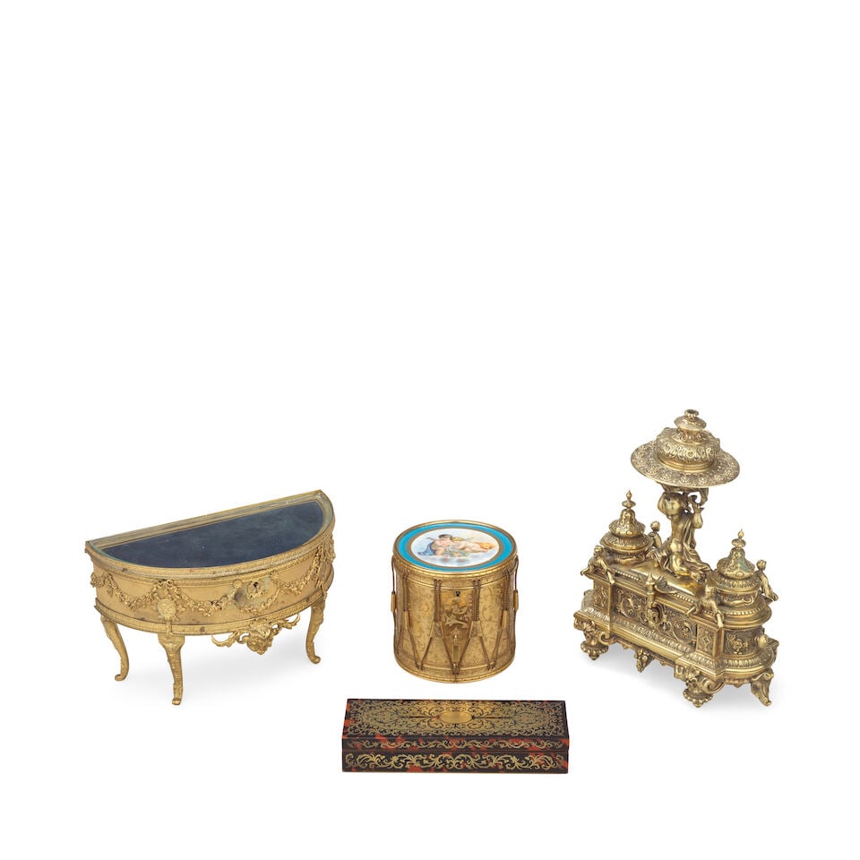 A late 19th century French gilt bronze mounted Sèvres style porcelain inset drum shaped sma... - 2