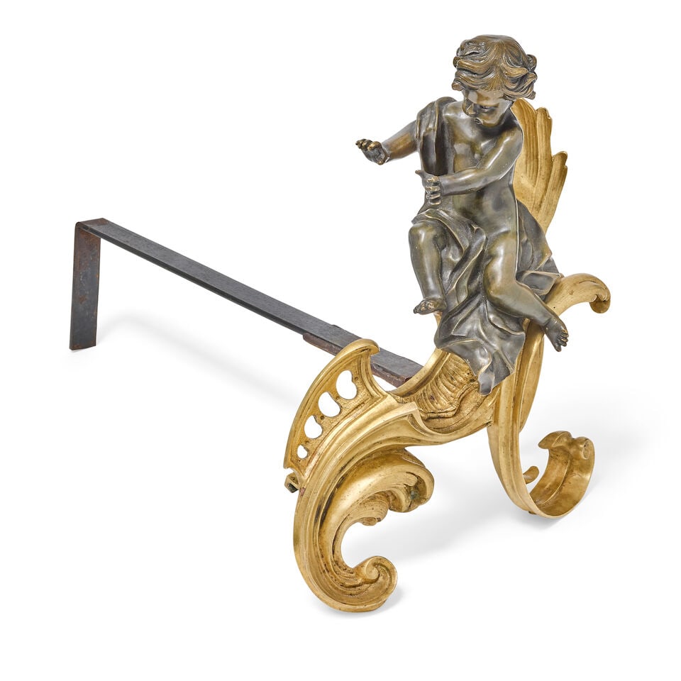 A pair of late 19th century French ormolu and patinated bronze figural chenets by Bouhon, Paris ... - 2