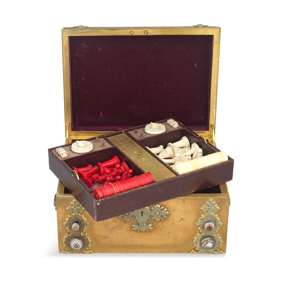 A good Victorian brass and agate cabochon inlaid games casket of domed rectangular form with app... - 2