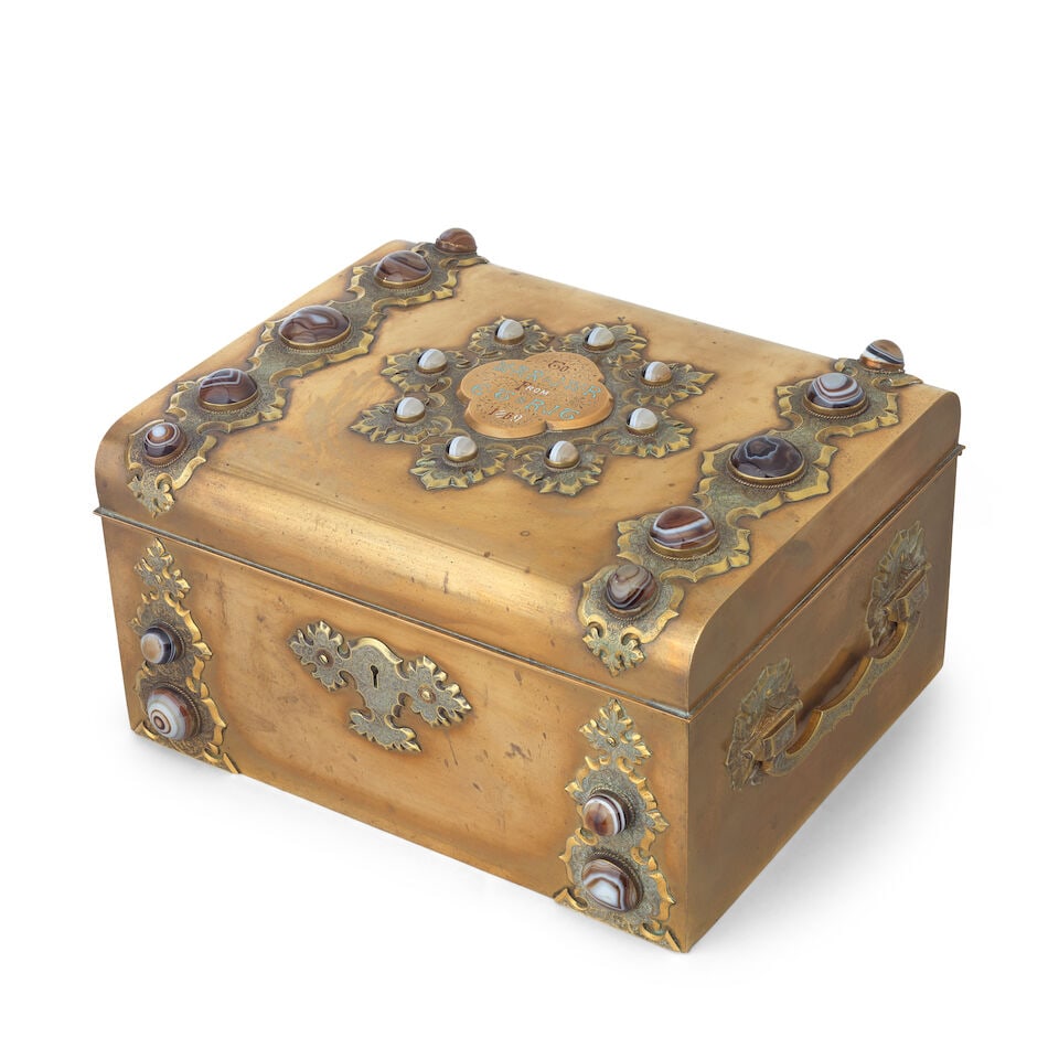 A good Victorian brass and agate cabochon inlaid games casket of domed rectangular form with app... - 3
