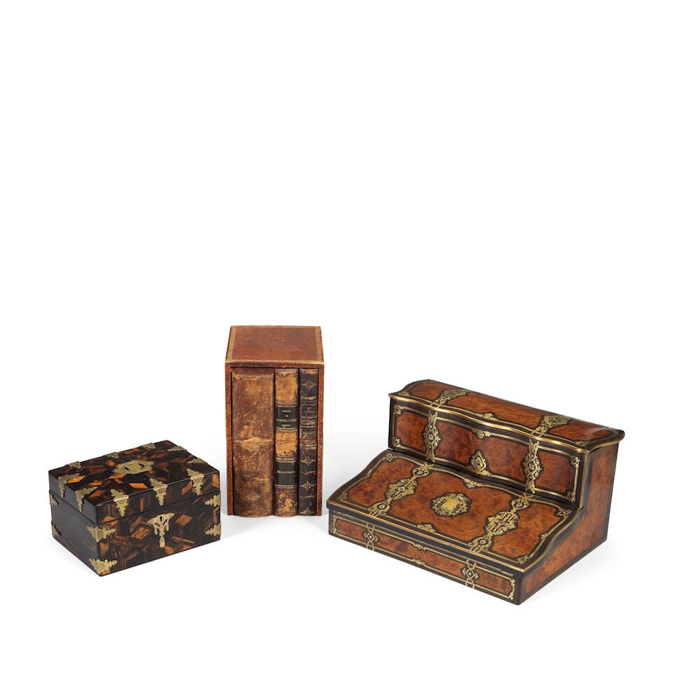 A late 19th century French and brass bound jewellery box, a similar period French burr wood and ... - 2
