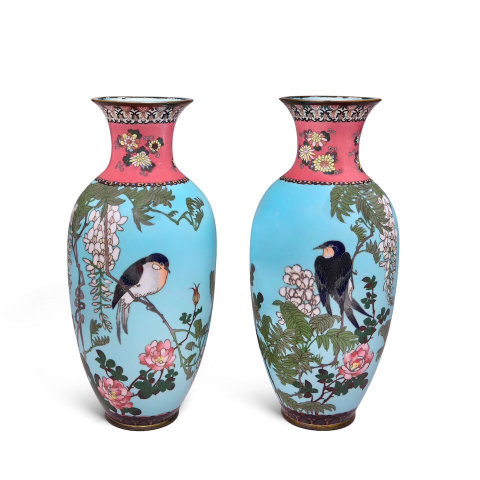 A pair of Japanese blue ground cloisonné vases Late Meiji period (1 of 2)