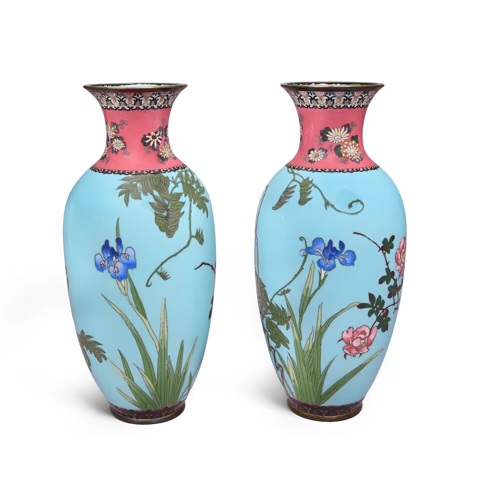 A pair of Japanese blue ground cloisonné vases Late Meiji period - 2