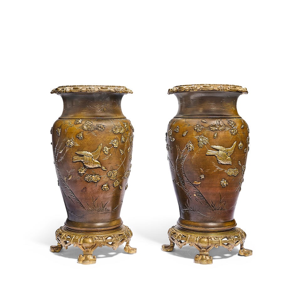 A pair of late 19th century French gilt bronze mounted Japanese patinated bronze vases Originall... (1 of 2)