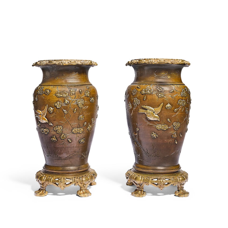 A pair of late 19th century French gilt bronze mounted Japanese patinated bronze vases Originall... - 2