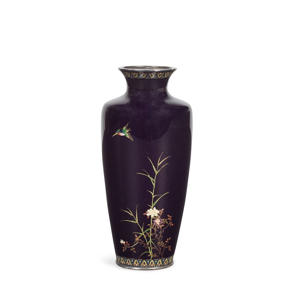 A Japanese cloisonné black ground vase Late Meiji period, in the style of Hayashi Kodenji: A Japanese cloisonné black ground vase Late Meiji period, in the style of Hayashi Kodenji Of tapering shouldered baluster form, the body decorated with a kingfisher and foliage and flowers, the
