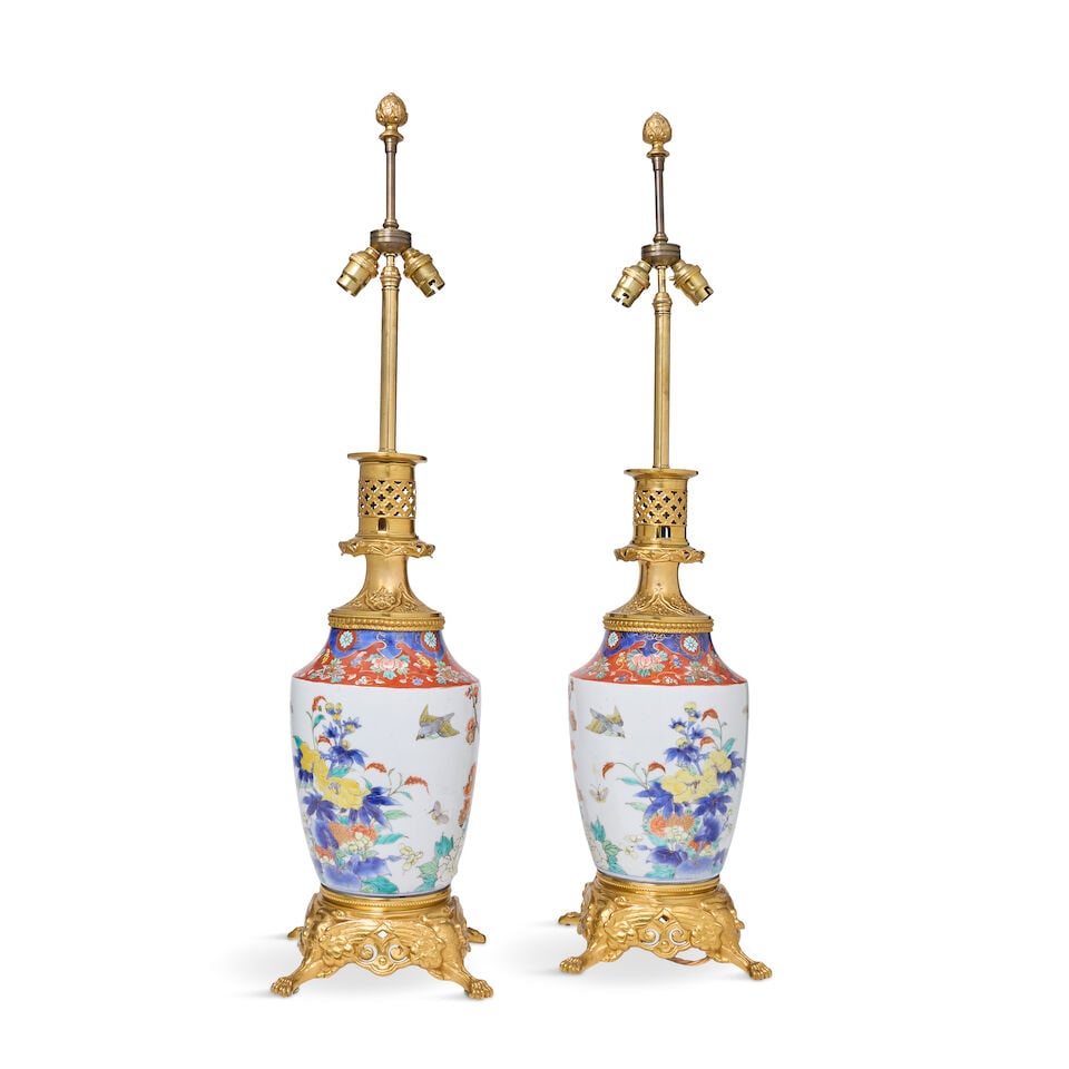 A pair of gilt bronze mounted Japanese Fukagawa porcelain vases, later converted as lamp bases T... - 2