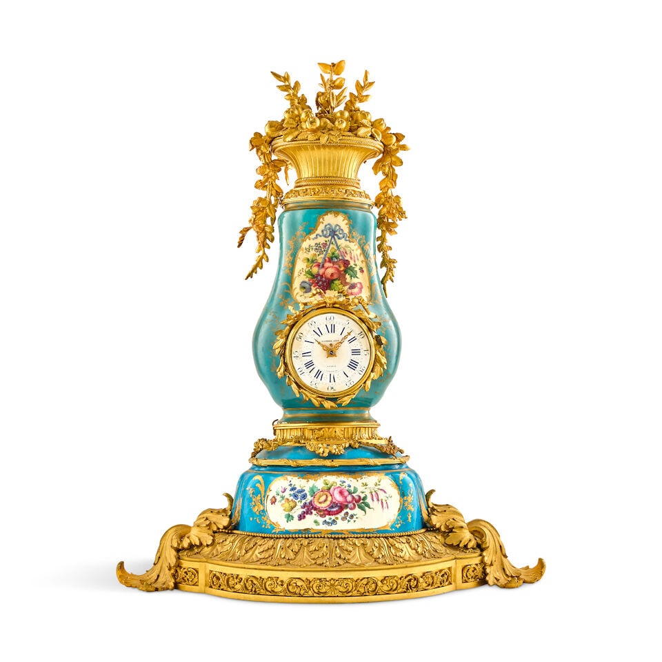 An unusual third quarter 19th century French gilt bronze mounted Sèvres style porcelain dua... (1 of 2)