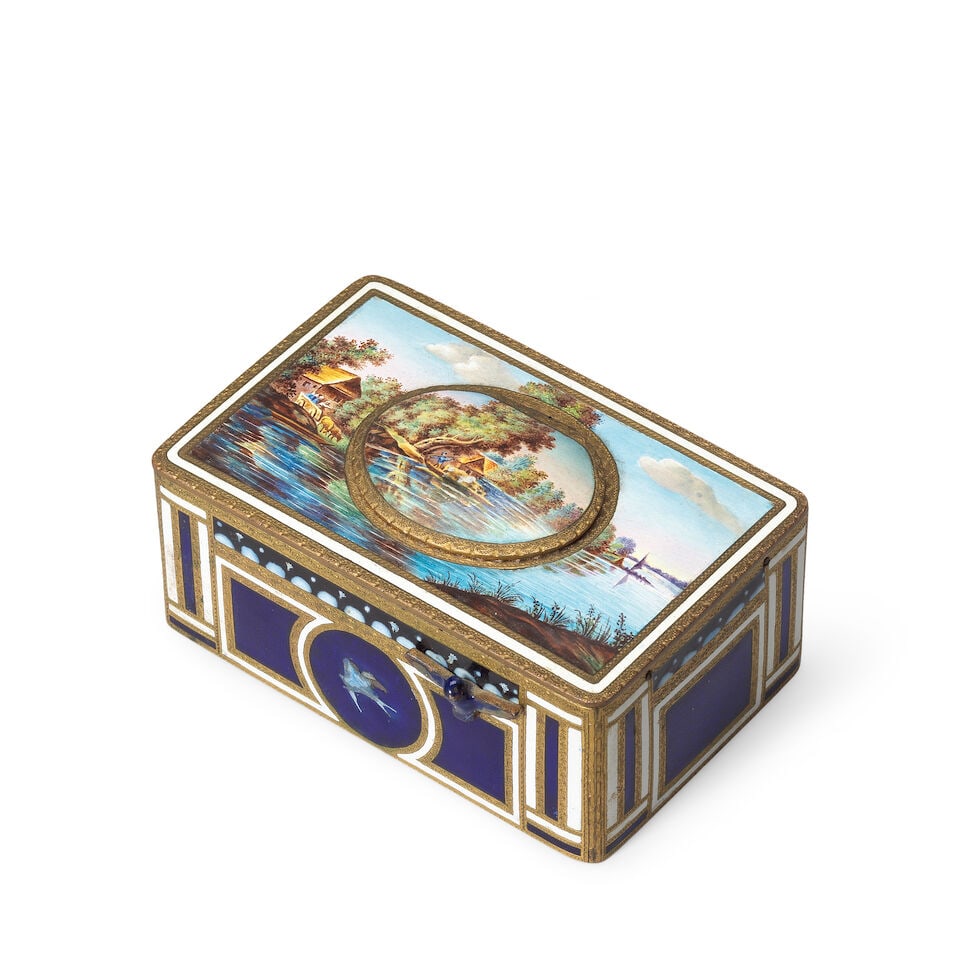 A 20th century Griesbaum gilt metal and enamel singing bird music box German, in the late 18th c... (1 of 3)