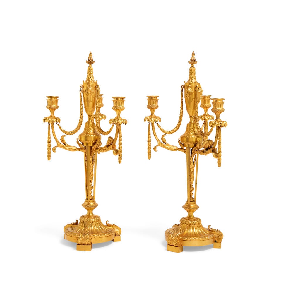 A pair of late 19th century French gilt bronze three branch candelabraIn the Louis XVI style (2) - 2