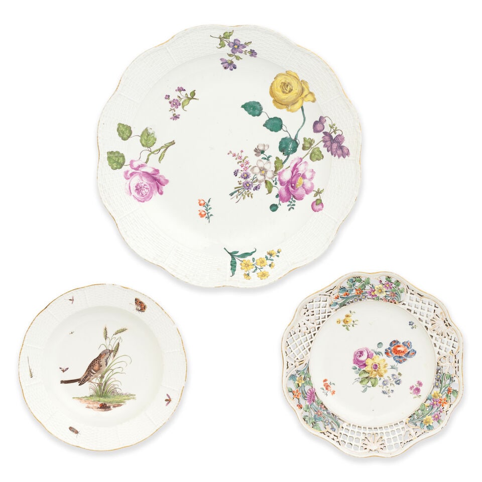 A large Meissen porcelain dish with osier border, together with a smaller example and a Meissen ... (1 of 1)