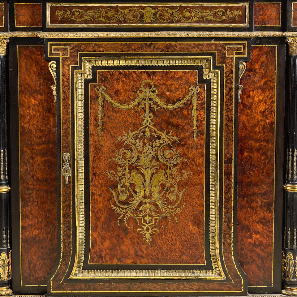 A Napoleon III ormolu mounted burr yew (or thuyawood), ebonised and brass marquetry hauteur d'ap... - 5