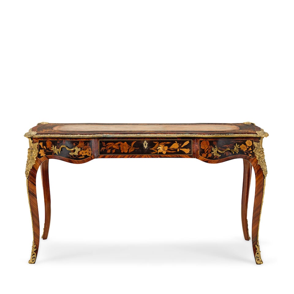 An early Victorian gilt bronze mounted kingwood, ebonised, green stained sycamore and fruitwood ... (1 of 3)