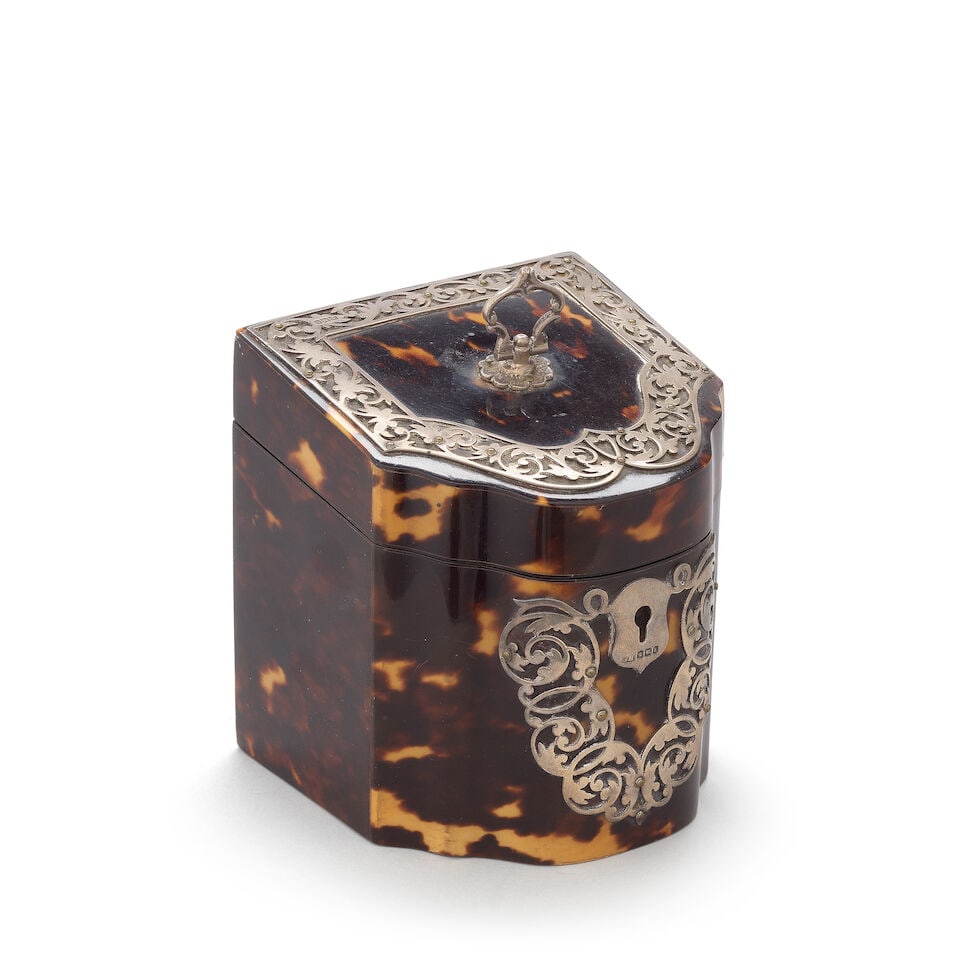 A late Victorian silvered mounted tortoiseshell tea caddy (1 of 3)