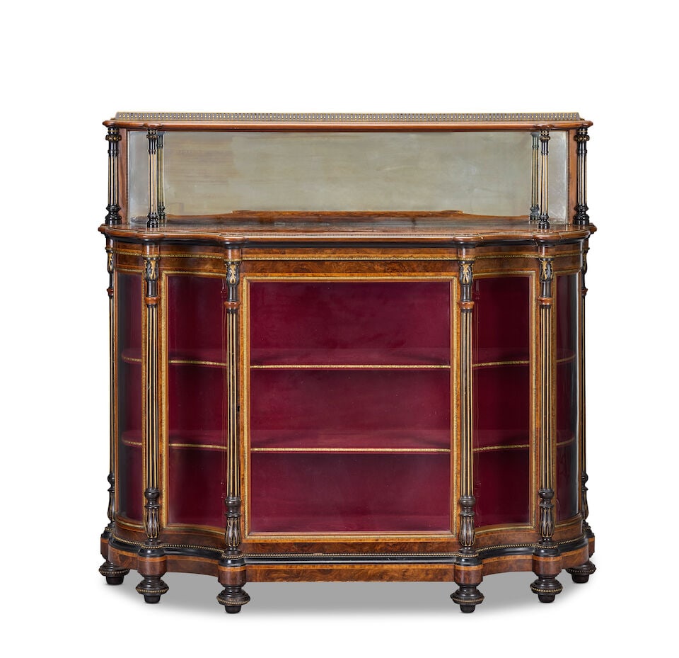 A mid Victorian figured walnut, amboyna banded, ebonised and parcel gilt low display cabinetCirc... (1 of 3)