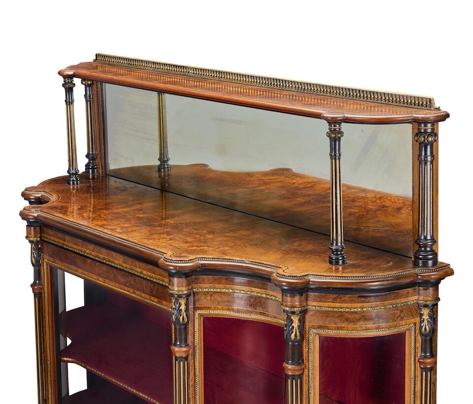 A mid Victorian figured walnut, amboyna banded, ebonised and parcel gilt low display cabinetCirc... - 3