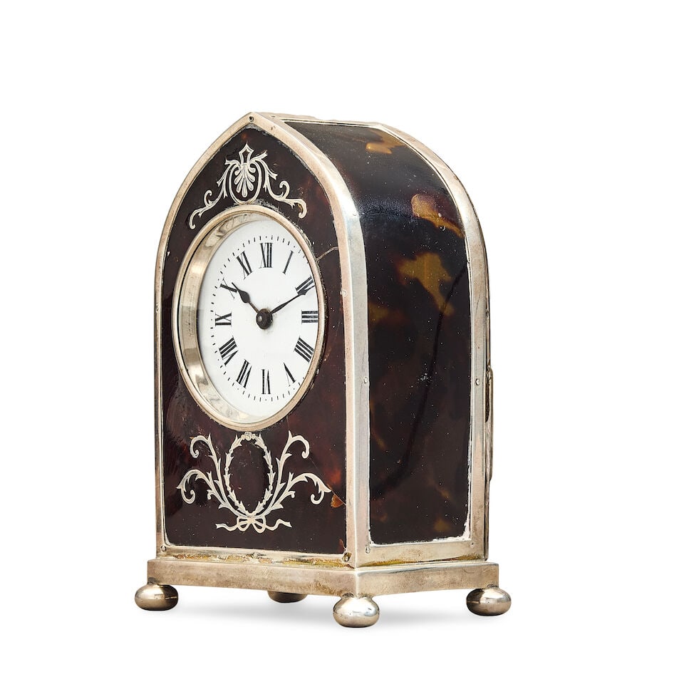 An Edwardian William Comyns silver mounted and inlaid tortoiseshell mantel timepiece - 3