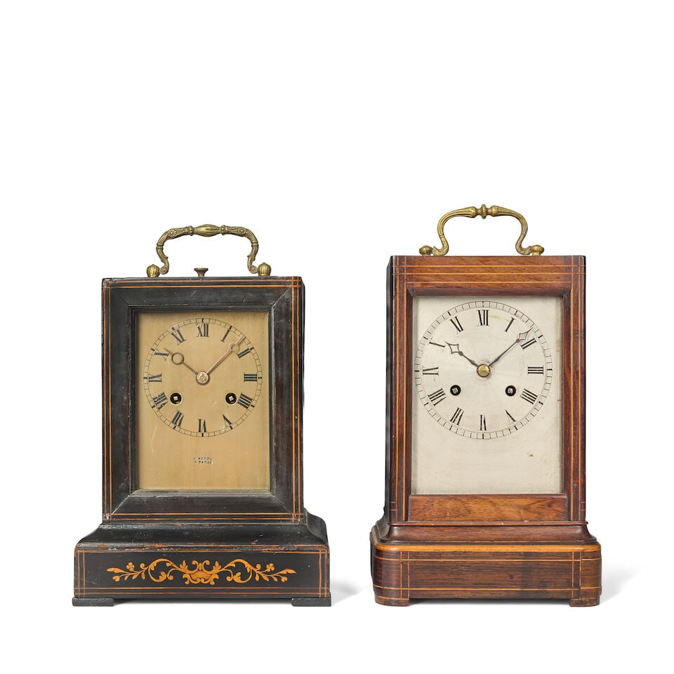 A third quarter 19th century French rosewood and inlaid carriage clock together with a similar p... (1 of 3)