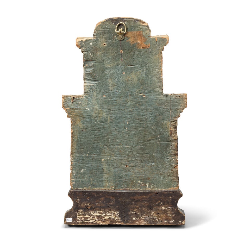 A 17th century Spanish carved, painted and gilt decorated wood relief of a castle and turret fa&... - 2