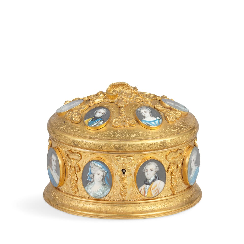 A late 19th century French gilt brass and ivory miniature inset oval jewellery casket (1 of 2)