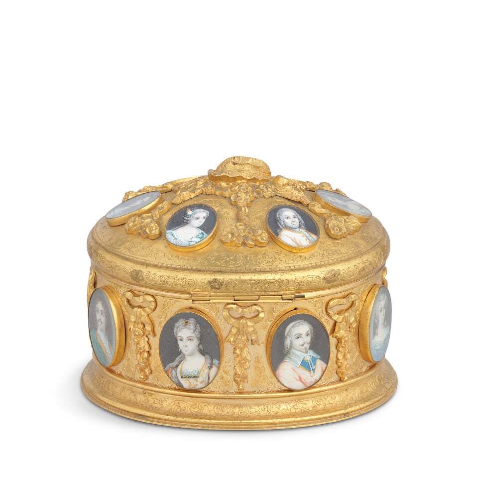 A late 19th century French gilt brass and ivory miniature inset oval jewellery casket - 2