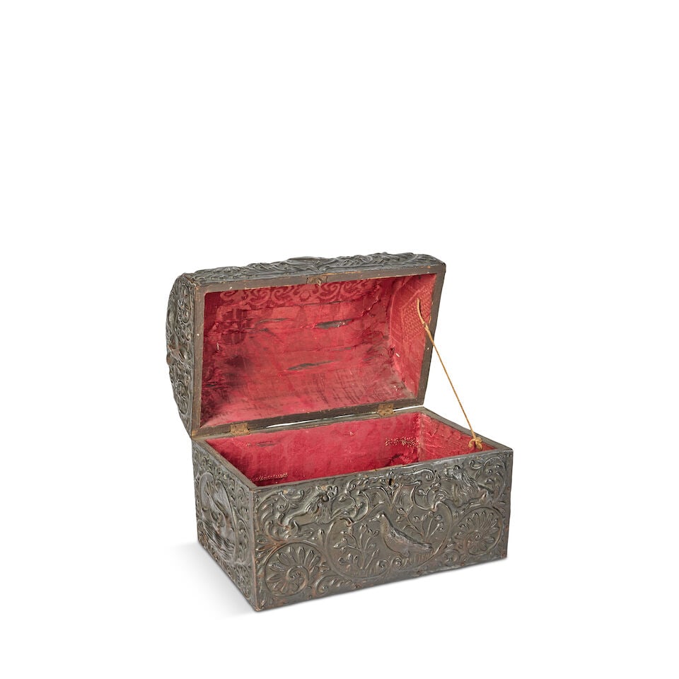 A Jennens and Betteridge papier mache tea caddy together with a miniature mahogany chest of draw... - 3