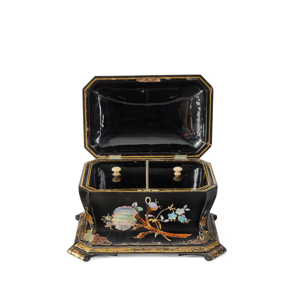 A Jennens and Betteridge papier mache tea caddy together with a miniature mahogany chest of draw... - 4