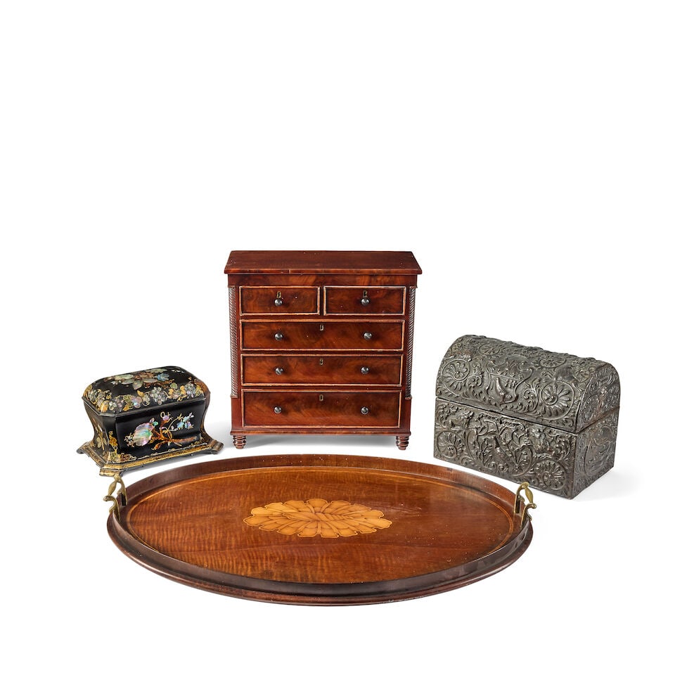 A Jennens and Betteridge papier mache tea caddy together with a miniature mahogany chest of draw... - 5