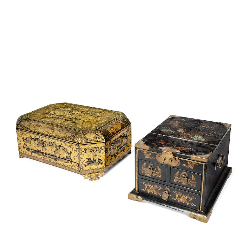 A Chinese export black and gilt lacquered work box together with a Chinese black, polychrome and... (1 of 3)