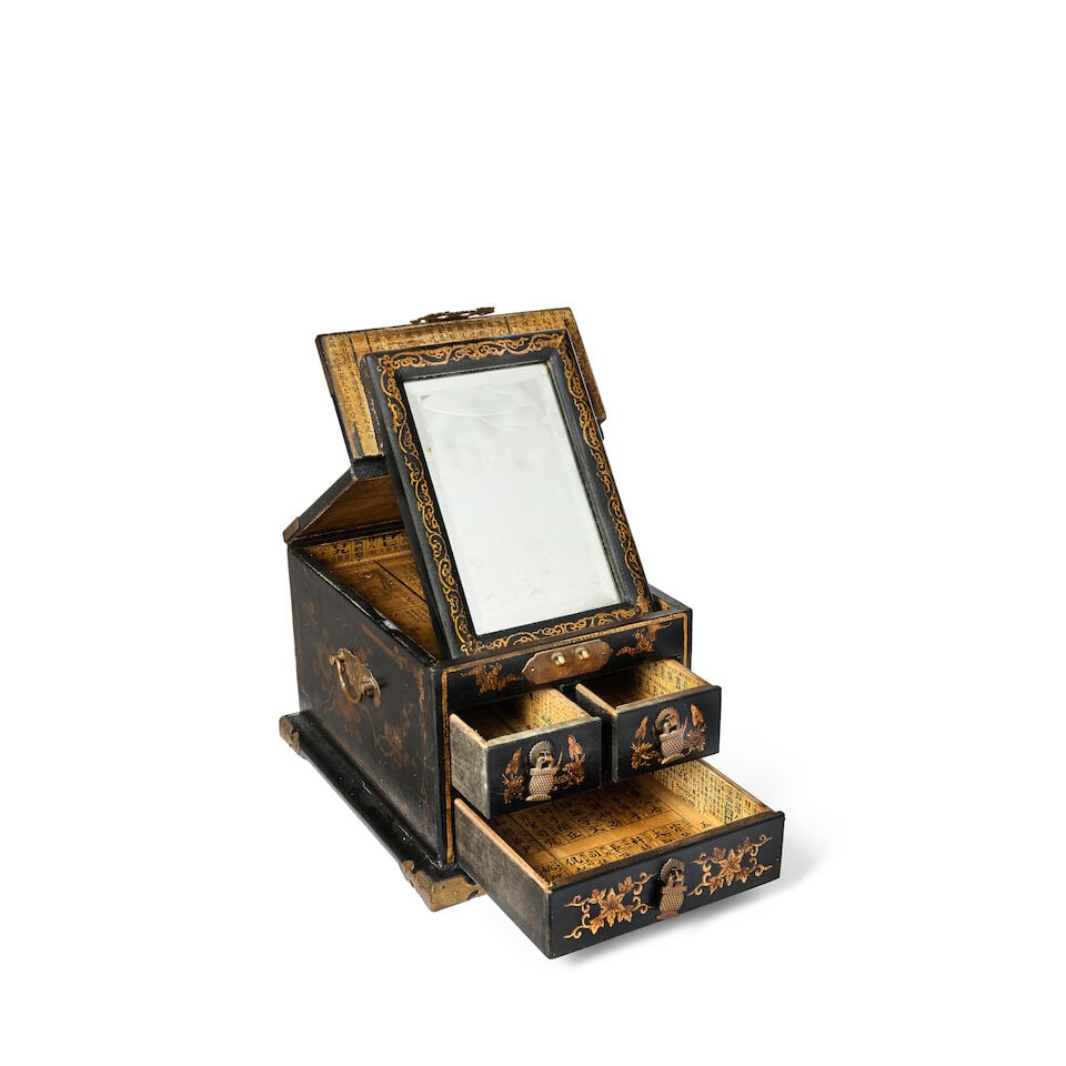 A Chinese export black and gilt lacquered work box together with a Chinese black, polychrome and... - 2
